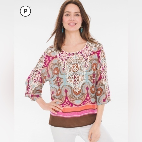 CHICOS Petite Printed Crochet-Detail Top - Picture 1 of 9